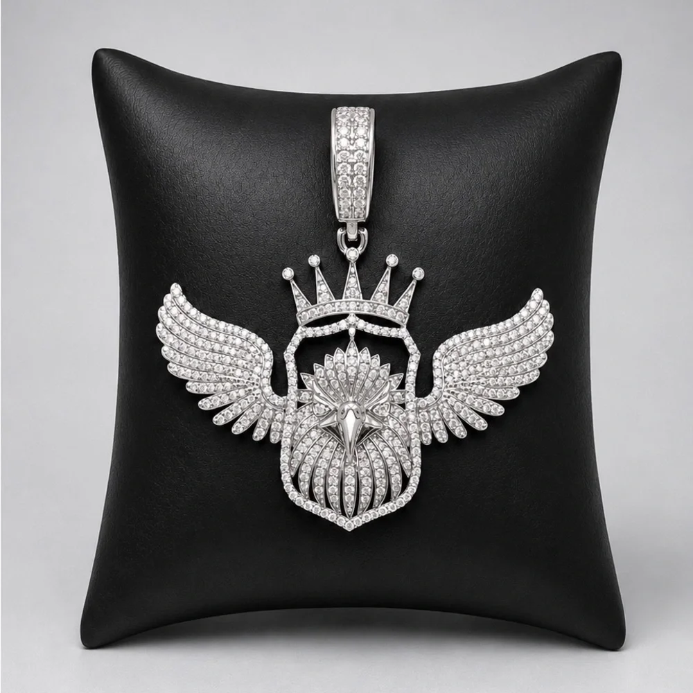 925 Sterling Silver Pave 2.90CT MOISSANITE  Winged Crown Eagle Men’s Pendant